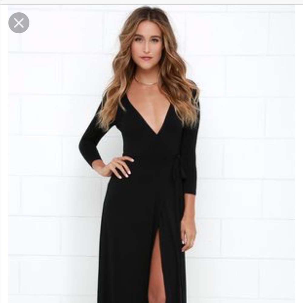 3/4 sleeve long black wrap maxi dress